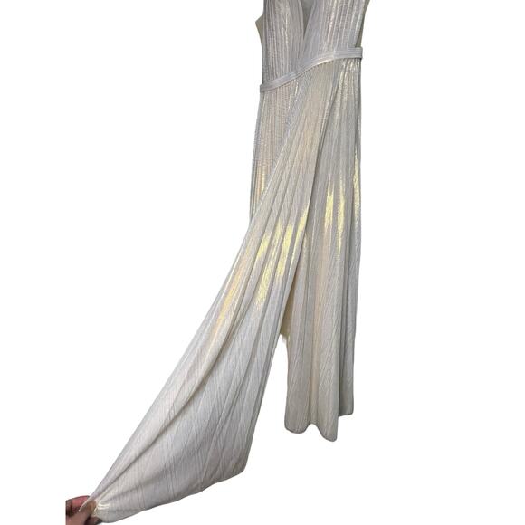 Prom Plunge Gold / Cream Side Slit Formal Dress by Cinderella Divine - Picture 6 of 9